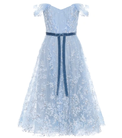 Shop Marchesa Notte Off-the-shoulder Tulle Gown In Blue
