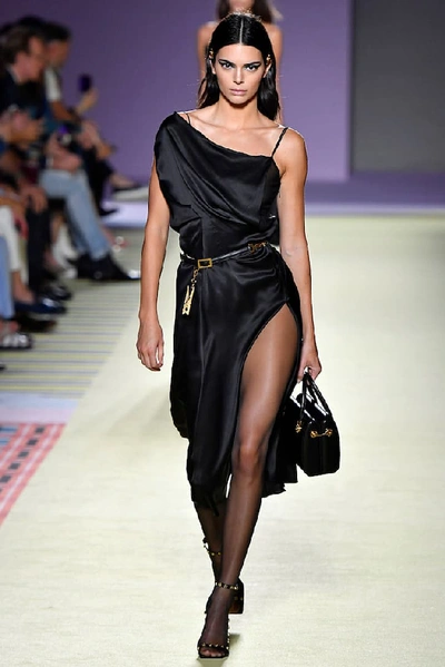 Shop Versace Asymmetrical Silk-satin Dress In Black