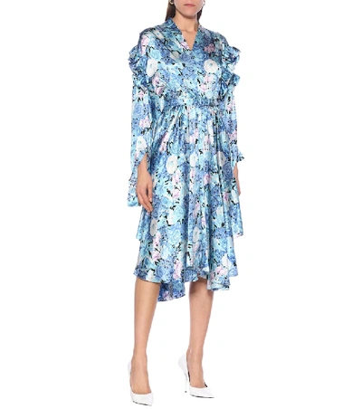 Shop Balenciaga Floral Silk-satin Midi Dress In Blue