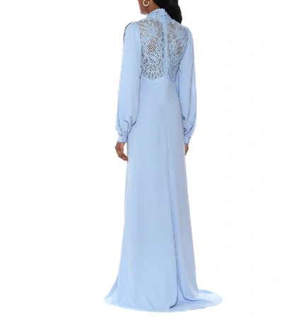 Shop Costarellos Elize Lace-trimmed Crêpe Gown In Blue