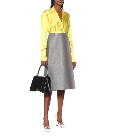 Shop Balenciaga Faux Leather Midi Skirt In Grey