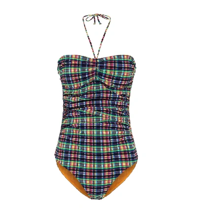 Shop Ganni Checked Seersucker Swimsuit In Multicoloured