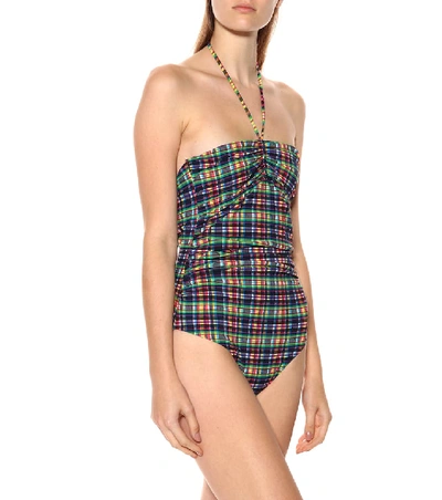 Shop Ganni Checked Seersucker Swimsuit In Multicoloured