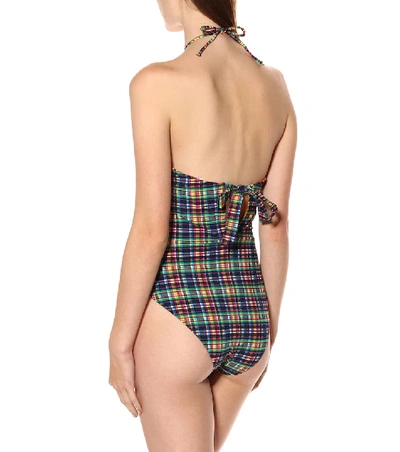 Shop Ganni Checked Seersucker Swimsuit In Multicoloured