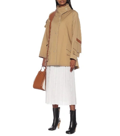 Shop Loewe Leather-trimmed Cotton Coat In Beige