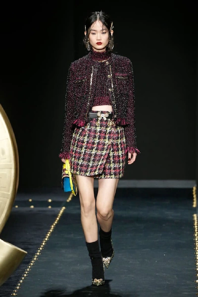 Shop Versace Checked Tweed Miniskirt In Black