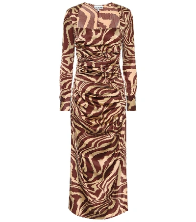 Shop Ganni Zebra-print Stretch-silk Midi Dress In Brown