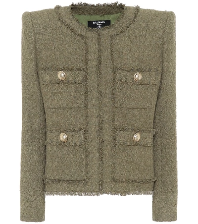 Shop Balmain Tweed Jacket In Green