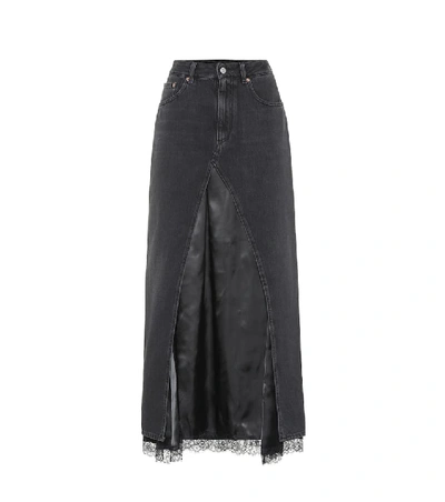 Shop Mm6 Maison Margiela Denim And Satin Midi Skirt In Black