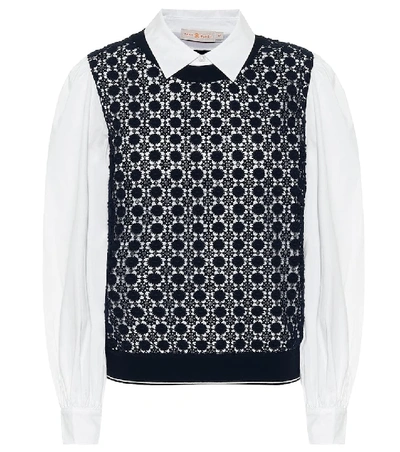 Shop Tory Burch Crochet-paneled Cotton-blend Shirt In Blue