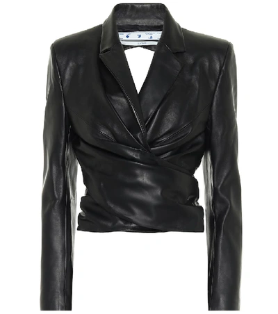 Shop Off-white Cut-out Cropped Leather Jacket In Black