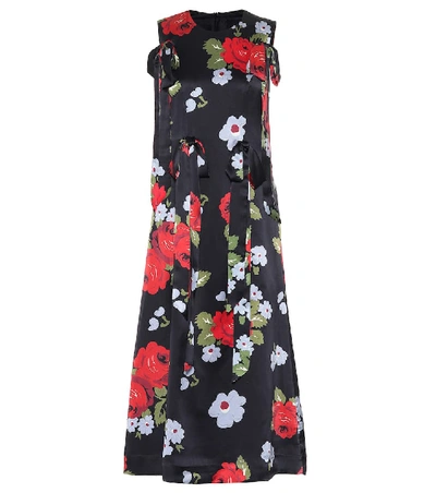 Shop Simone Rocha Floral-printed Silk Midi Dress In Black
