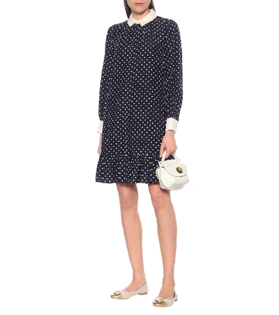 Shop Tory Burch Cora Dotted Silk Mini Shirt Dress In Blue