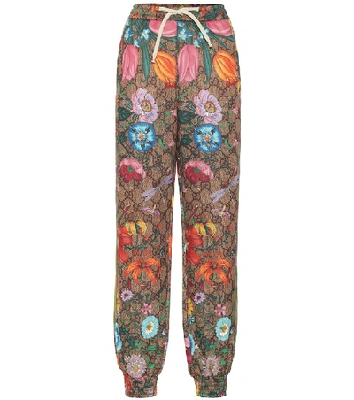 Shop Gucci Gg Flora Technical Jersey Sweatpants In Brown