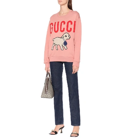 Shop Gucci Appliquéd Logo Cotton Sweatshirt In Pink