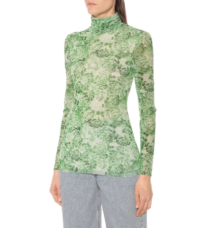 Shop Ganni Floral Mesh Top In Green