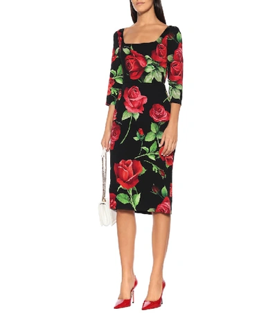 Shop Dolce & Gabbana Floral Stretch-silk Crêpe Dress In Black