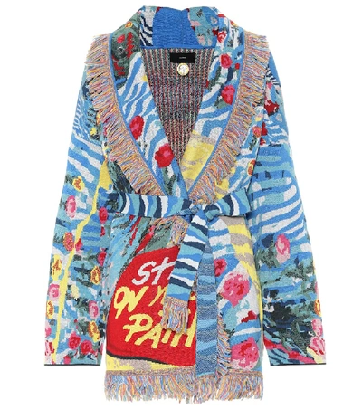 Shop Alanui Love Is Universal Wool-blend Jacquard Cardigan In Blue