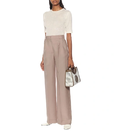 Shop Fendi High-rise Mohair And Wool Pants In Beige