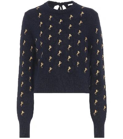 Shop Chloé Embroidered Wool Sweater In Blue