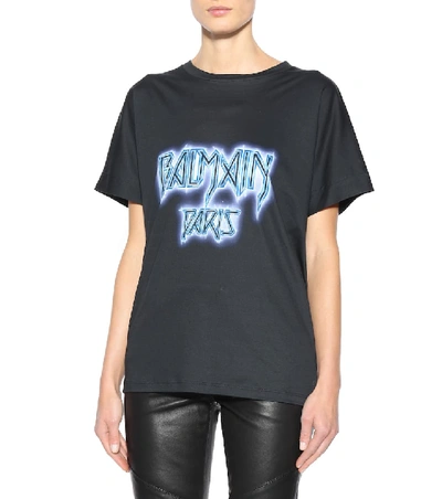 Shop Balmain Printed Cotton T-shirt In Black