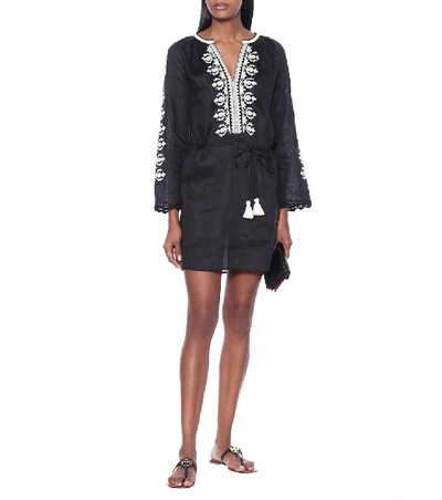 Shop Tory Burch Embroidered Linen Minidress In Black