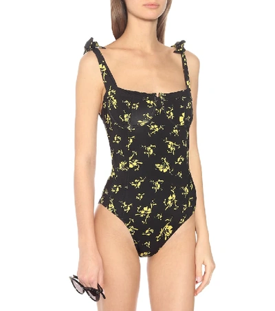 Shop Ganni Floral Swimsuit In Black