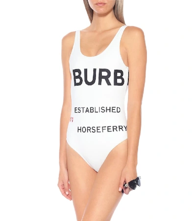 Shop Burberry Printed Swimsuit In White