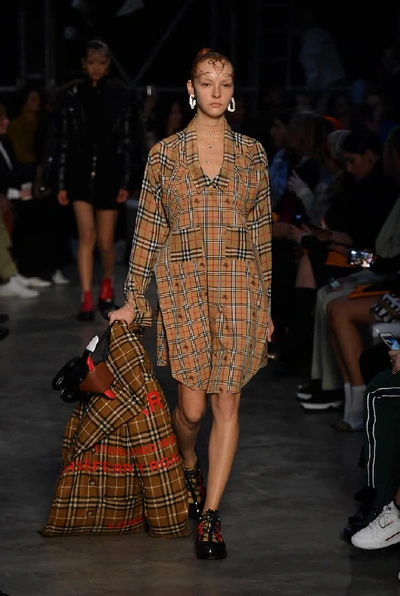 Shop Burberry Checked Silk Shirt Dress In Beige