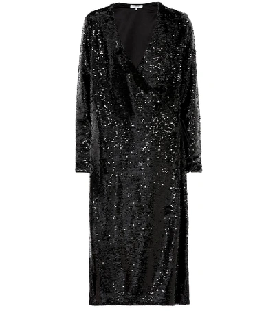 Shop Ganni Sequined Midi Dress In Black