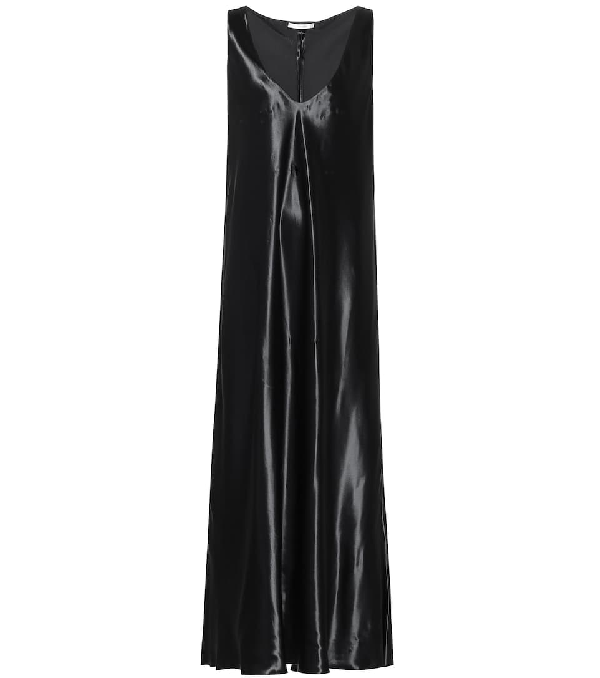 navy blue satin maxi dress
