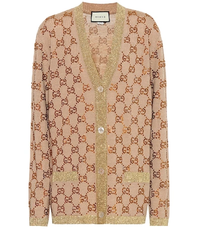 Shop Gucci Gg Embellished Wool Cardigan In Beige