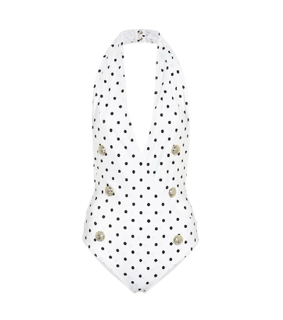 Shop Balmain Polka-dot Swimsuit In White