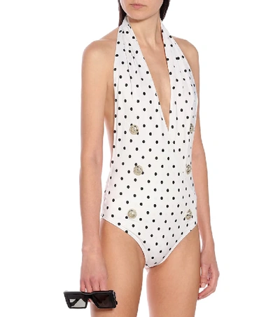 Shop Balmain Polka-dot Swimsuit In White