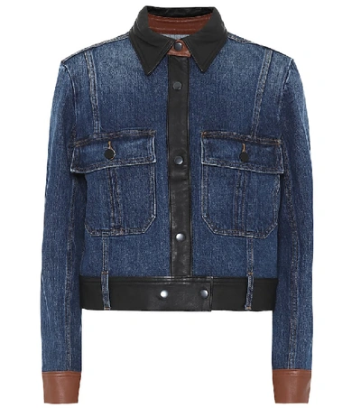 Shop Frame Leather-trimmed Denim Jacket In Blue