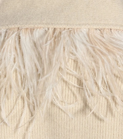 Shop Alanui Feather-trimmed Wool And Cashmere Cardigan In Beige