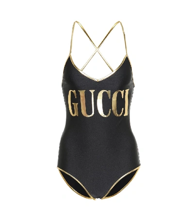 Shop Gucci Logo One-piece Swimsuit In Black