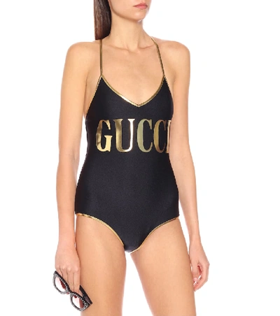 Shop Gucci Logo One-piece Swimsuit In Black