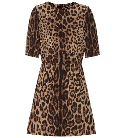 Shop Dolce & Gabbana Leopard-print Wool-crêpe Dress In Brown