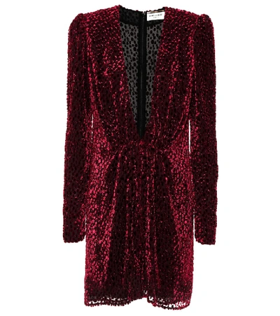 Shop Saint Laurent Flocked Velvet Silk-blend Dress In Red