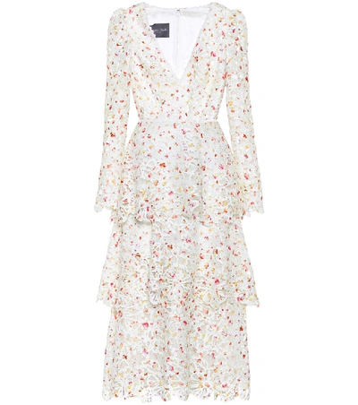 Shop Monique Lhuillier Floral Lace Midi Dress In White