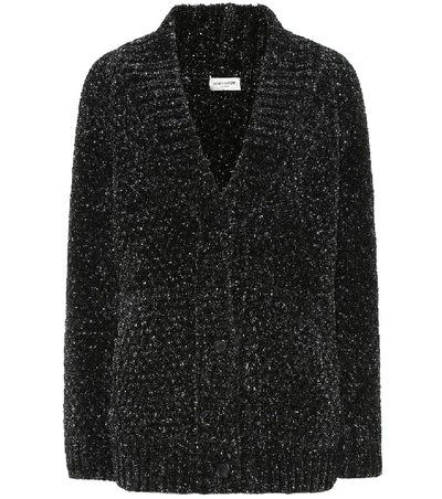 Saint Laurent Metallic Flecked Chenille Cardigan In Black