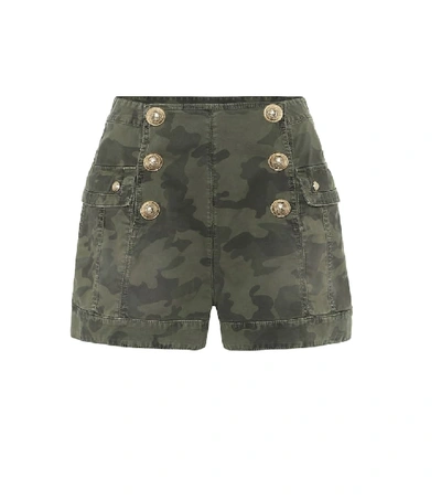 Shop Balmain Camo Stretch-cotton Twill Shorts In Green