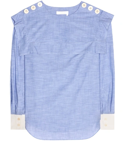 Shop Chloé Cotton Chambray Top In Blue