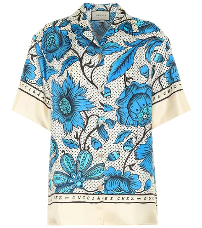 Shop Gucci Printed Silk Twill Shirt In Blue