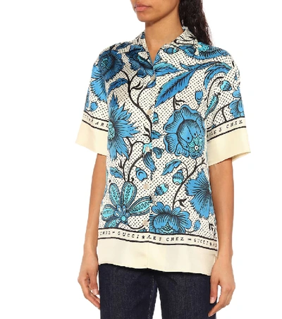 Shop Gucci Printed Silk Twill Shirt In Blue