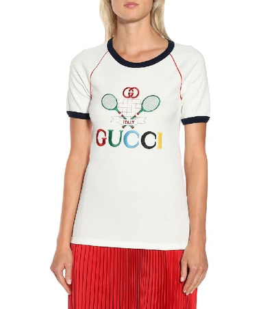 Shop Gucci Embroidered Cotton-jersey T-shirt In White