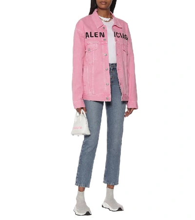 Shop Balenciaga Logo Denim Jacket In Pink