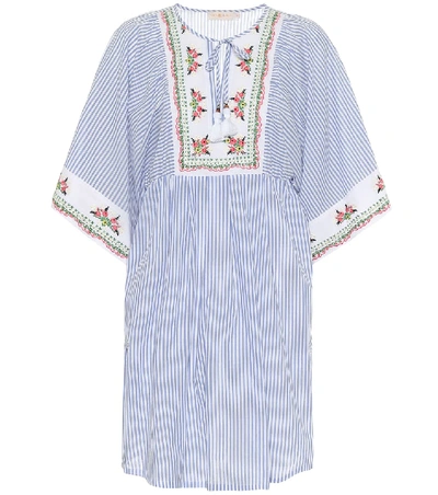 Shop Tory Burch Embroidered Striped Cotton Kaftan In Blue