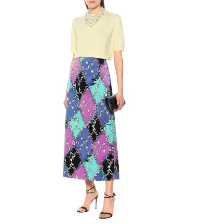 Shop Gucci Printed Stretch-cotton Midi Skirt In Purple